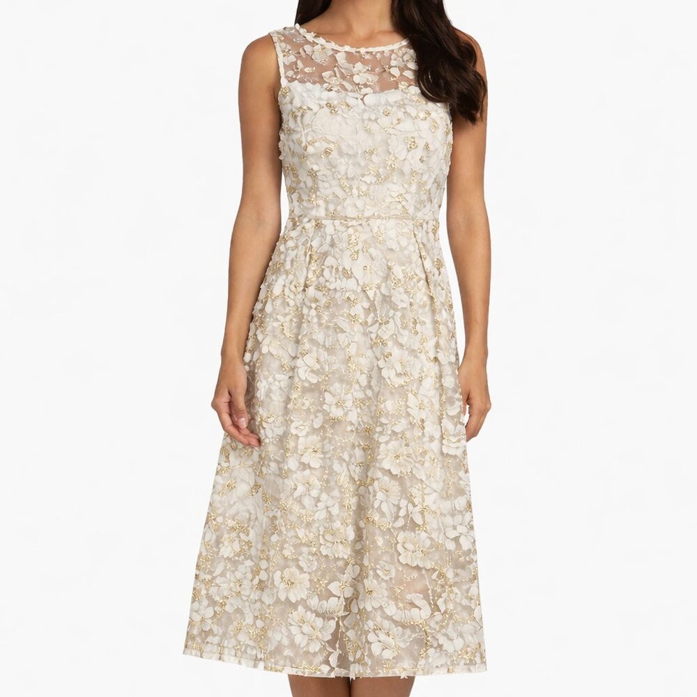 Adrianna Papell Ivory Gold Lace Midi Dress 6 Bridal Shower Tea Party